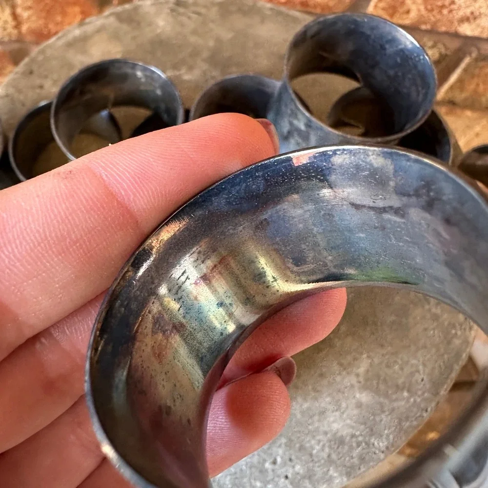Vintage Silverplate Napkin Rings Set of 12 Concave Tarnish Patina Silver Tone